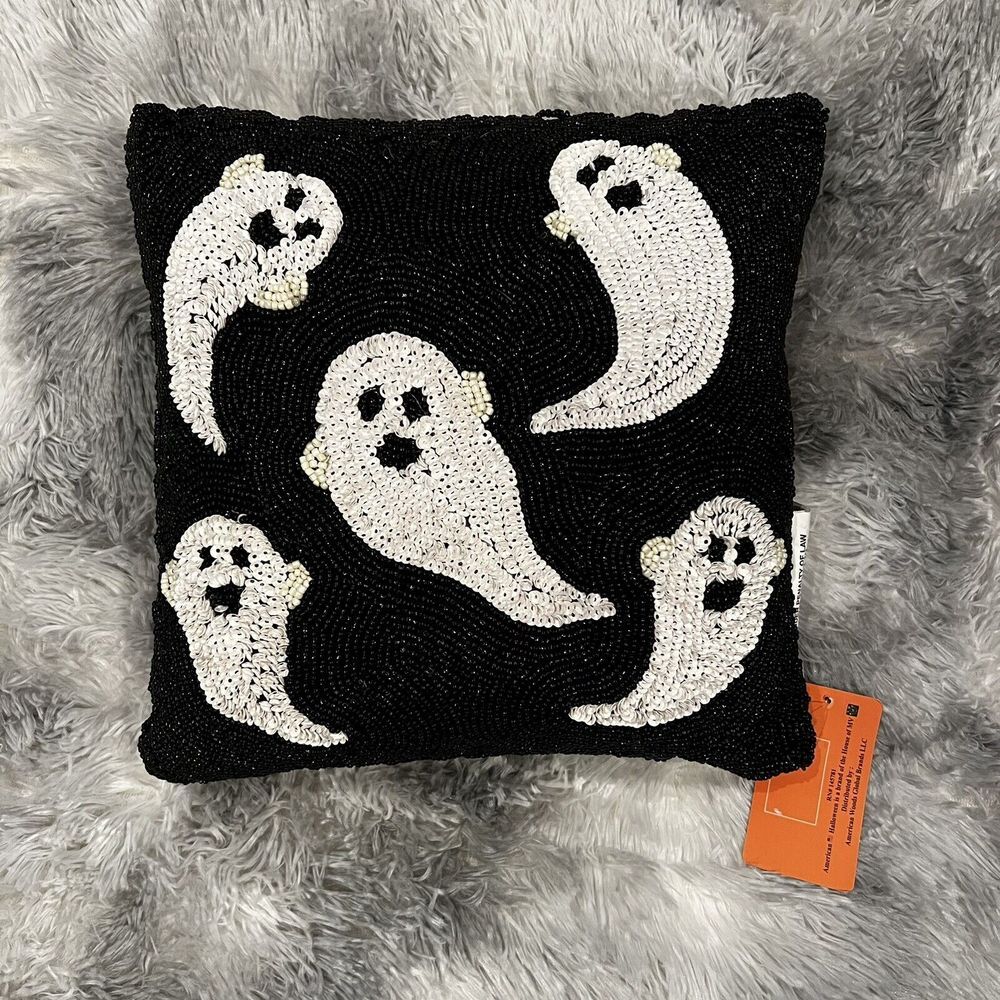 Spooky White‎ Ghost Ghoul Halloween Beaded Sequins Decorative Pillow Black